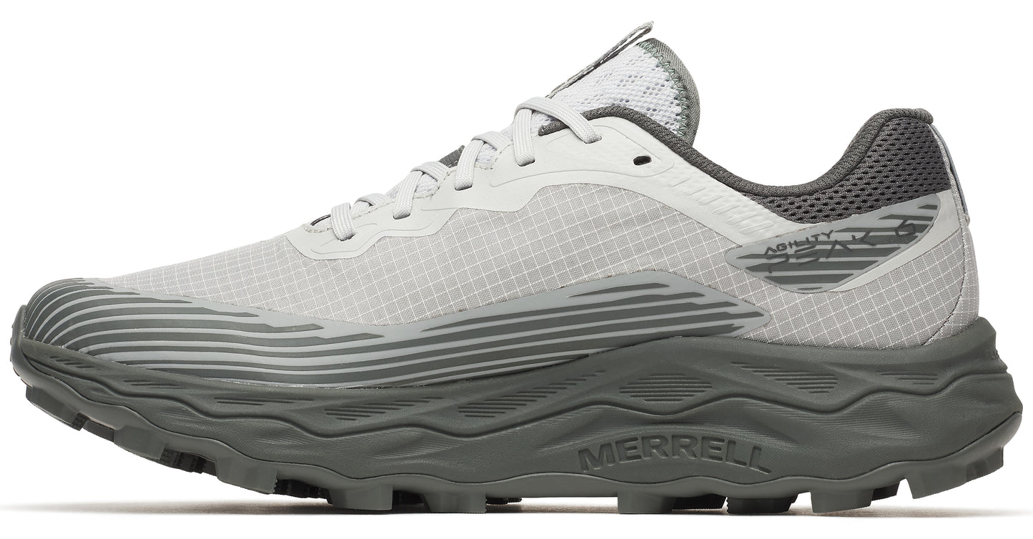 Gray trail running shoe with a wavy tread and 'MERRELL' written on the side.