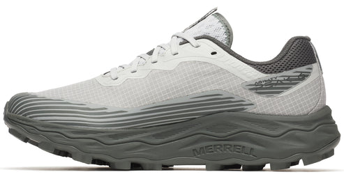 Gray trail running shoe with a wavy tread and 'MERRELL' written on the side.
