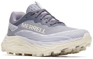 Athletic shoe with grey upper and beige wavy outsole, with the word MERRELL displayed on the side.