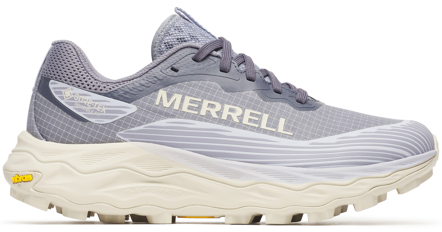 Gray running shoe with the word MERRELL on the side and a wavy-textured sole.