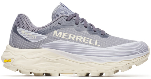 Gray running shoe with the word MERRELL on the side and a wavy-textured sole.