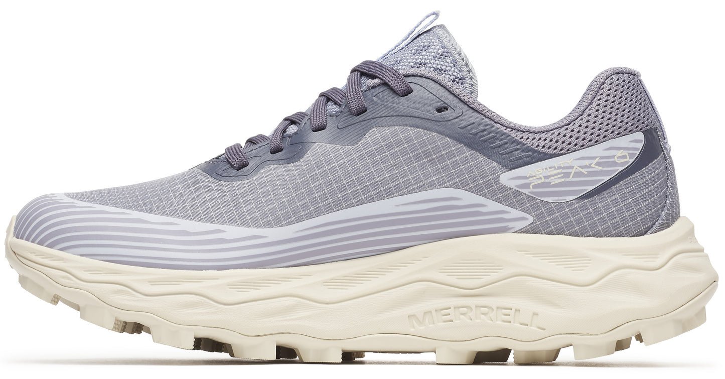 Gray running shoe with a thick cream-colored sole and the word "MERRELL" in green on the side.