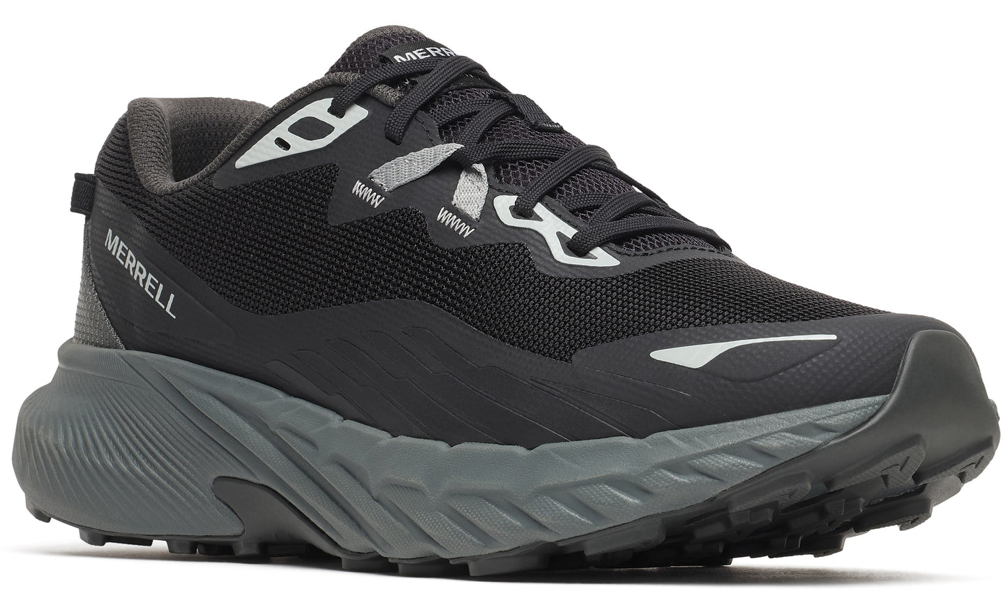 A black running shoe with a gray sole and silver accents.