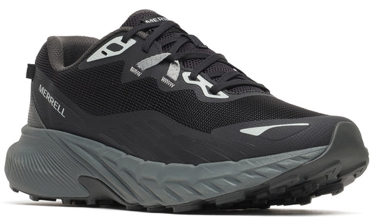 A black running shoe with a gray sole and silver accents.