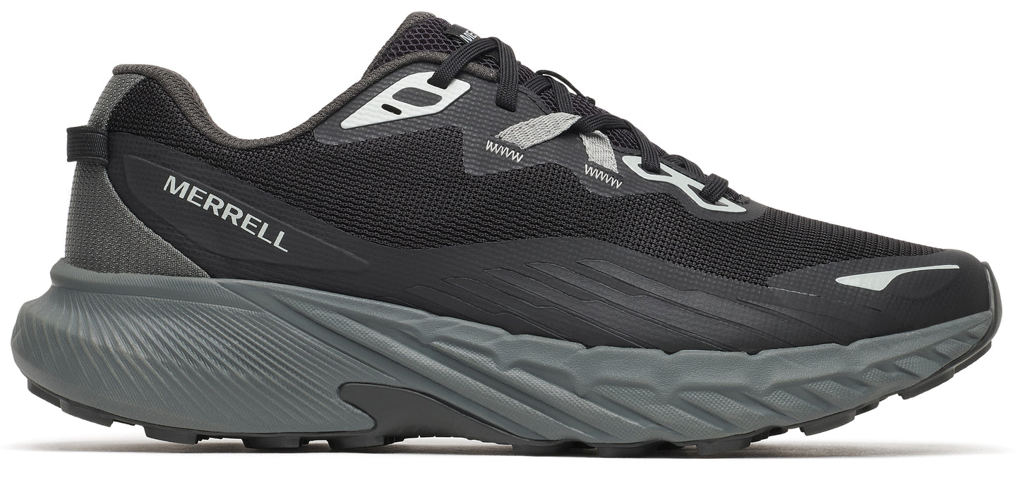 A black and gray trail running shoe with the word "MERRELL" on the side.
