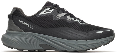 A black and gray trail running shoe with the word "MERRELL" on the side.