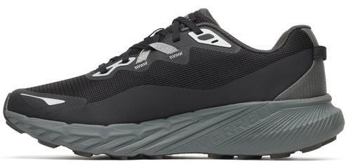 A black running shoe with gray sole.