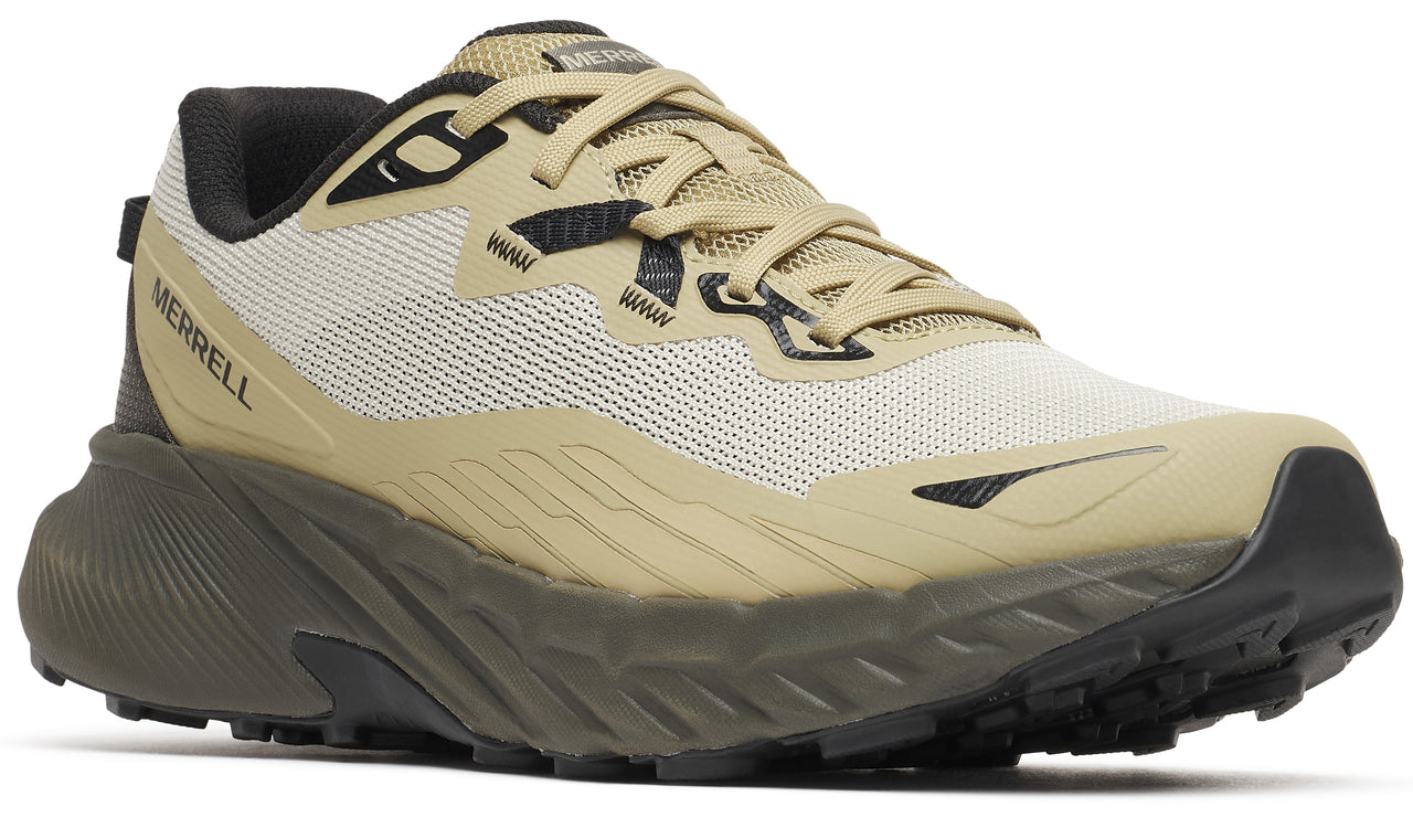 Beige trail running shoe with black accents, featuring a textured sole and the word "MERRELL" on the heel.