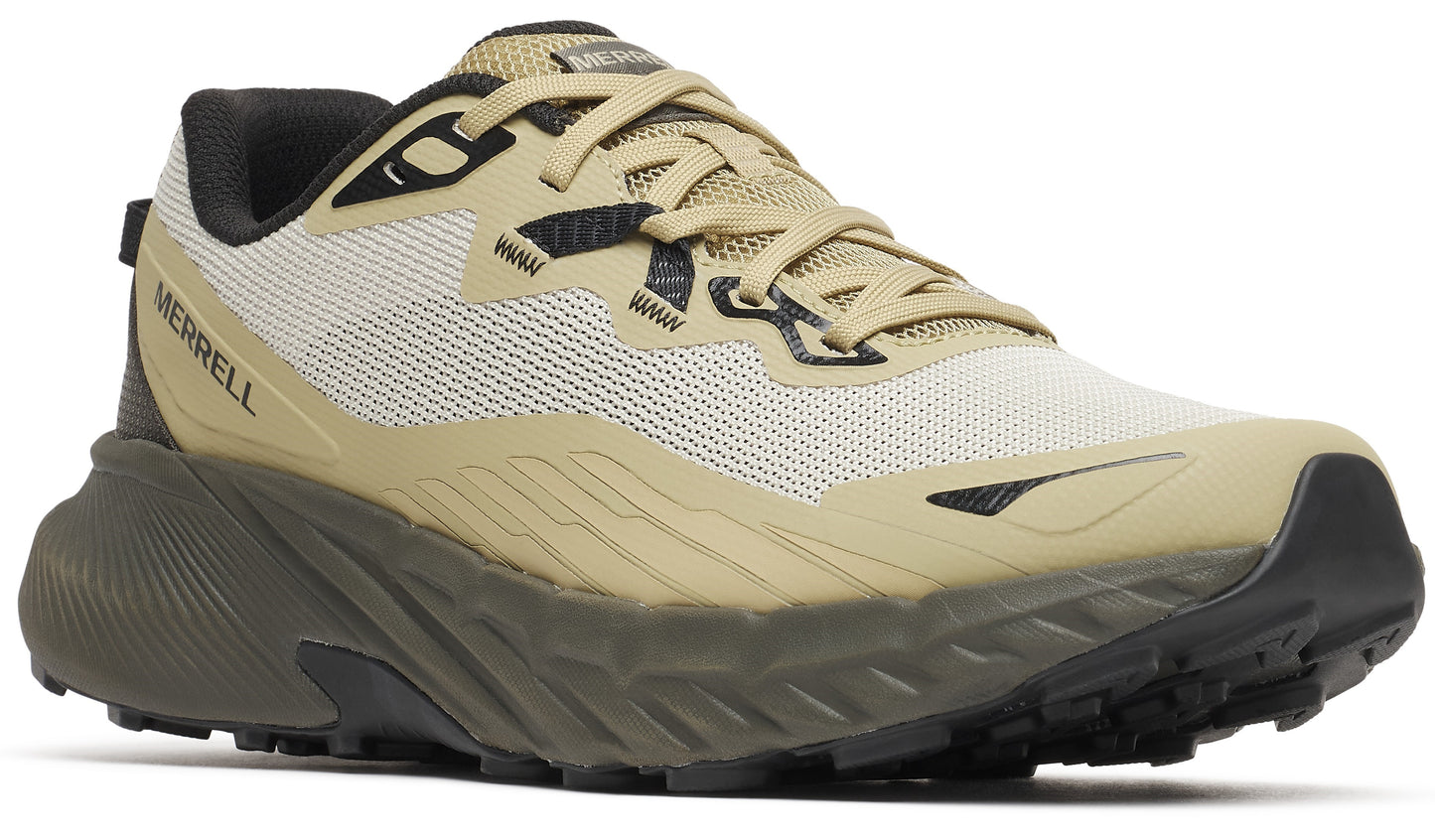 Beige trail running shoe with black accents, featuring a textured sole and the word "MERRELL" on the heel.