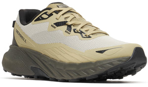 Beige trail running shoe with black accents, featuring a textured sole and the word "MERRELL" on the heel.