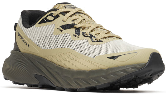 Beige trail running shoe with black accents, featuring a textured sole and the word "MERRELL" on the heel.