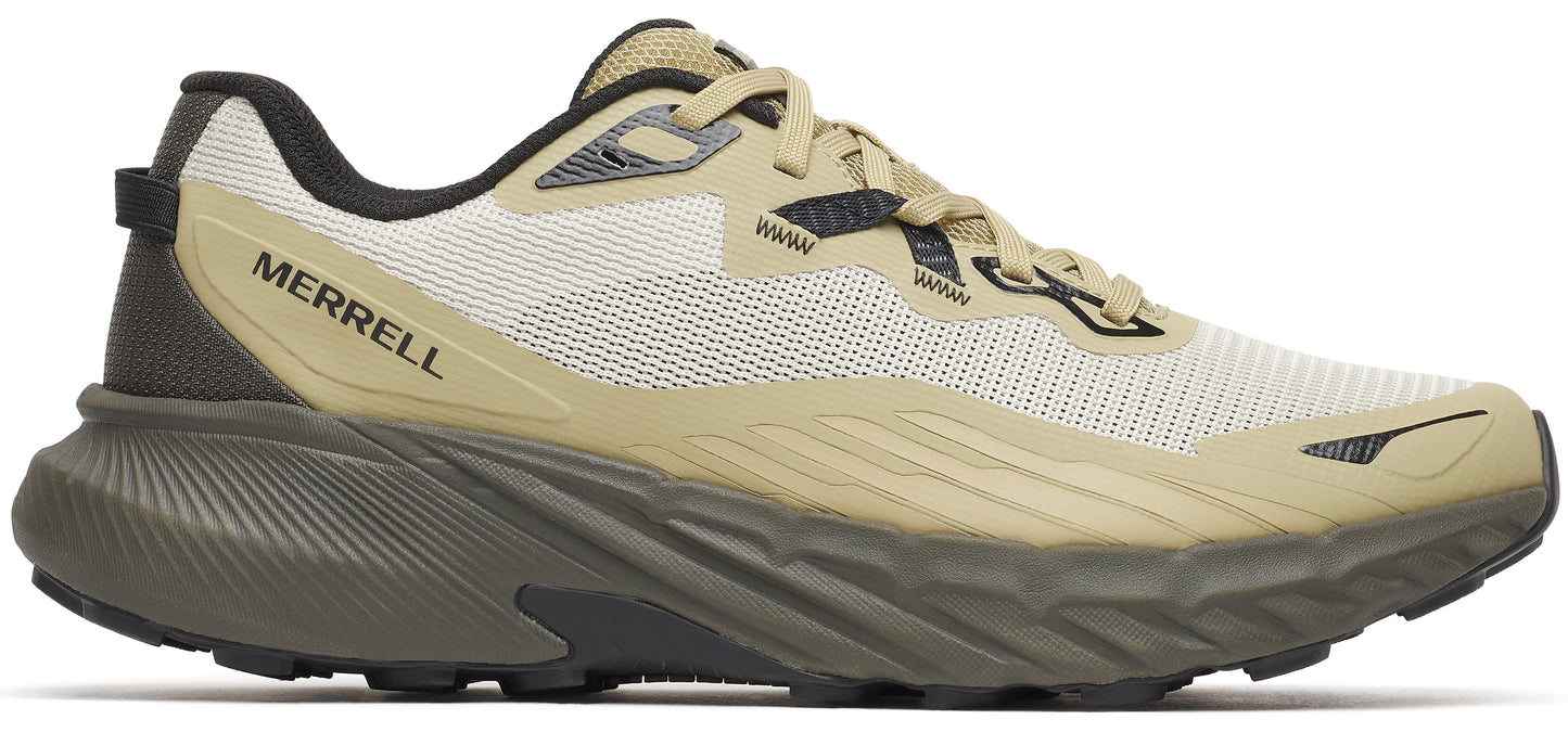 A Merrell hiking shoe with an off-white upper and dark grey sole and heel, lace-up closure.