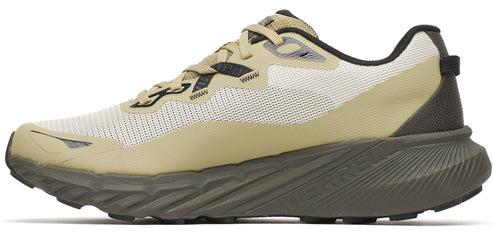 A running shoe in shades of green and beige with a rugged sole.