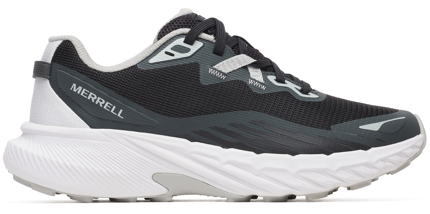 A black and white running shoe with MERRELL text on the side.
