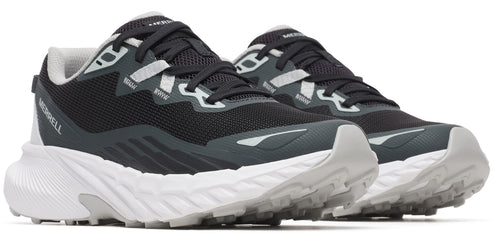 A pair of black running shoes with white soles.