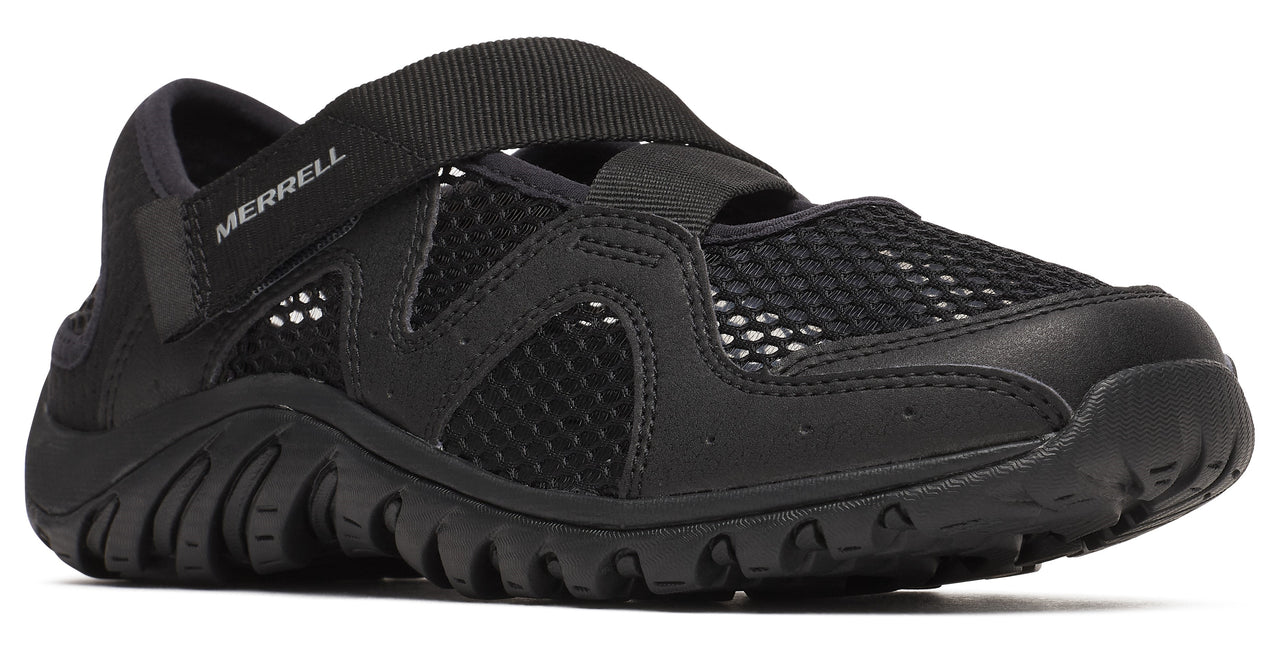 Black water shoe with mesh upper, textured sole and hook and loop closure.