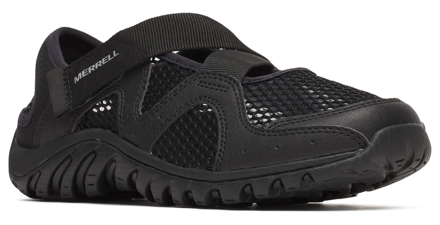 Black water shoe with mesh upper, textured sole and hook and loop closure.