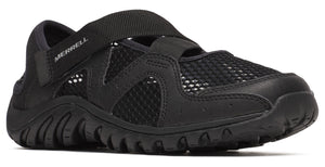 Black water shoe with mesh upper, textured sole and hook and loop closure.