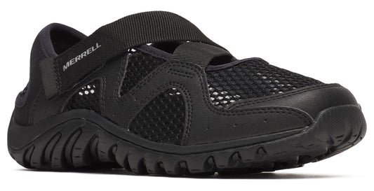 Black water shoe with mesh upper, textured sole and hook and loop closure.
