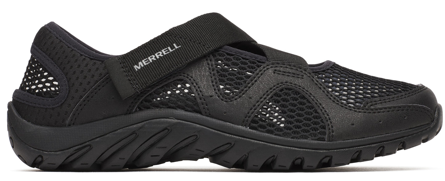 A black mary jane style shoe with a mesh upper and a strap with the text MERRELL across the top.