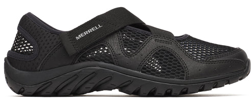A black mary jane style shoe with a mesh upper and a strap with the text MERRELL across the top.