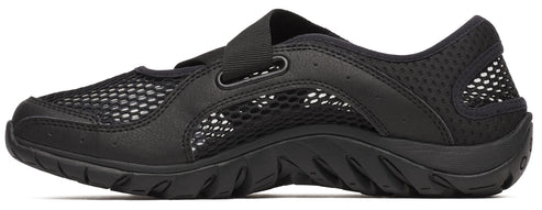 Black mesh water shoe with hook and loop strap.