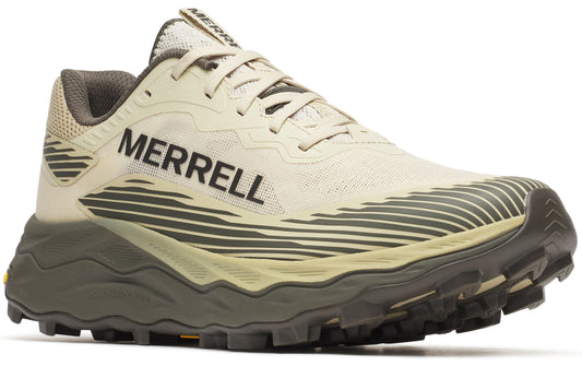 Tan athletic shoe with 'MERRELL' written in black on the side.