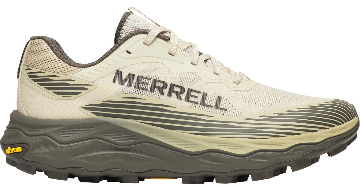 Tan running shoe with black stripes and the word "MERRELL" on the side.