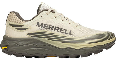 Tan running shoe with black stripes and the word "MERRELL" on the side.