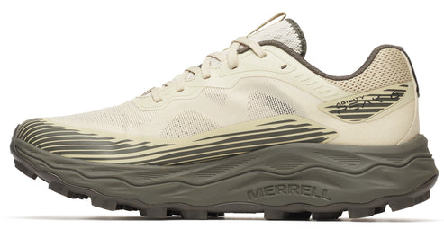 Tan athletic shoe with a gray sole, gray stripes, and gray trim.