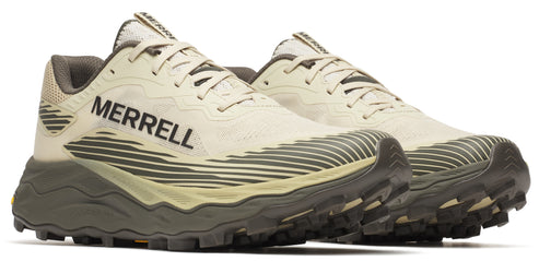 Tan running shoes with black text MERRELL.