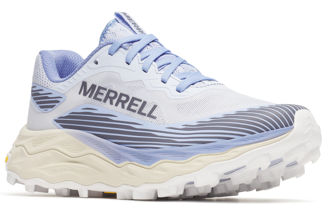 A low-top running shoe with a white mesh upper with light blue accents and a chunky off-white textured sole. "MERRELL" is printed on the side.