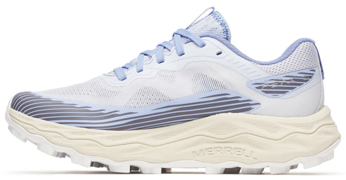 Side view of a white and light blue trail running shoe with a thick, wavy sole.
