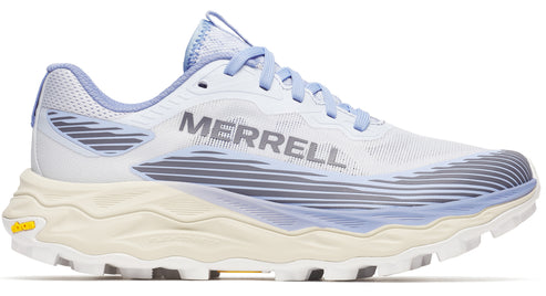 A white running shoe with light blue and grey accents, featuring the word "MERRELL" on the side and a cream-colored textured sole.