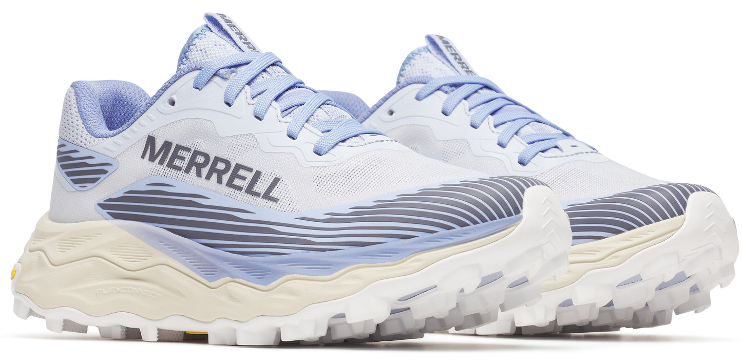 A pair of trail running shoes, white with light blue accents and the word MERRELL printed on the side.