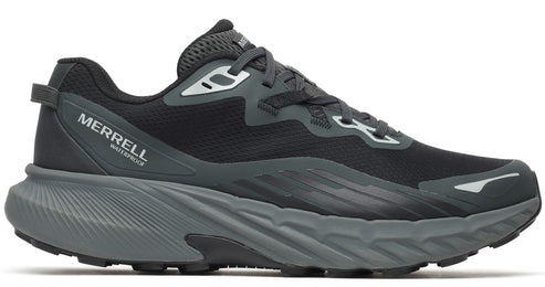 Black athletic shoe with gray sole and the word "MERRELL WATERPROOF".
