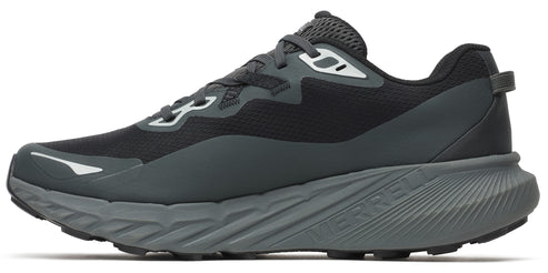 A running shoe in black and gray colors.