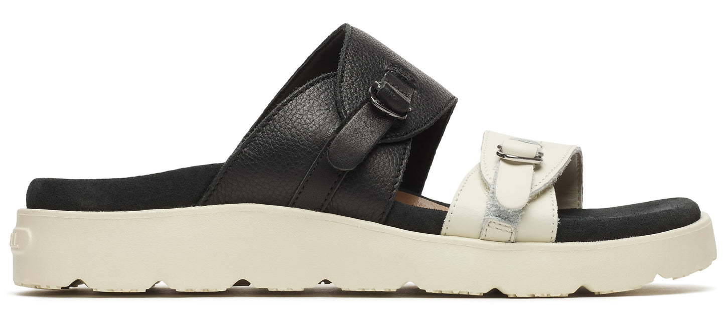 Platform sandals with black and white straps and buckle.