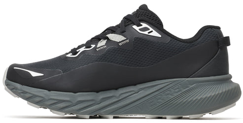 A black and gray running shoe with mesh and synthetic upper, reflective accents, and thick patterned sole.