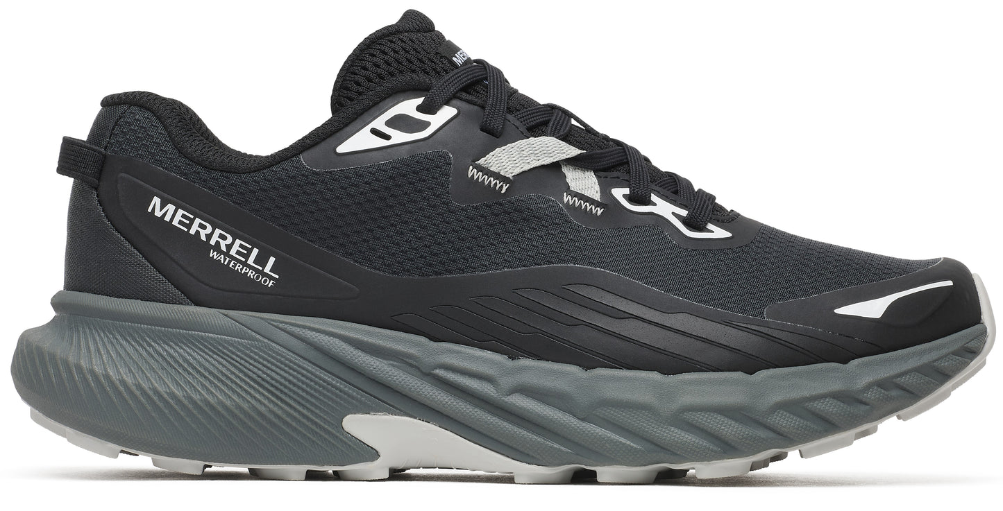 A black running shoe with the text "MERRELL WATERPROOF" on the side, with gray soles and white accents.