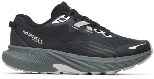 A black running shoe with the text "MERRELL WATERPROOF" on the side, with gray soles and white accents.