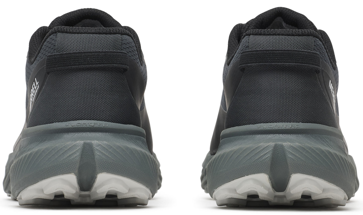 Rear view of two dark grey running shoes showing the sole, which has a grey top with a white bottom, and a black upper with a tab.