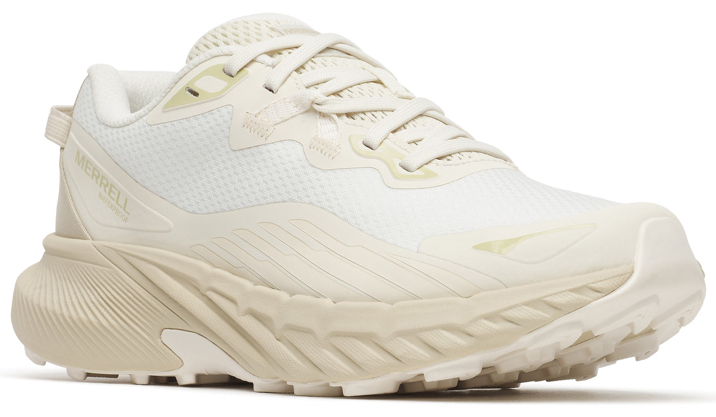 Low-top off-white athletic shoe with padded collar, cream-colored sole, and textured laces.