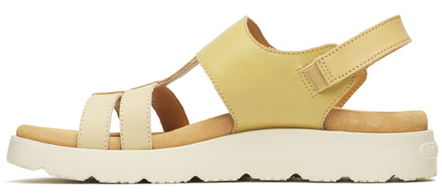 A women's sandal with a thick white sole, with light yellow straps across the toes and ankle.