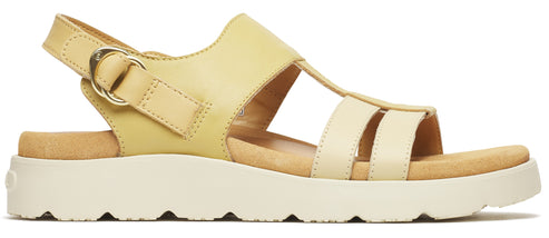 A pair of sandals with a light-yellow strap, a beige sole, and a white platform.