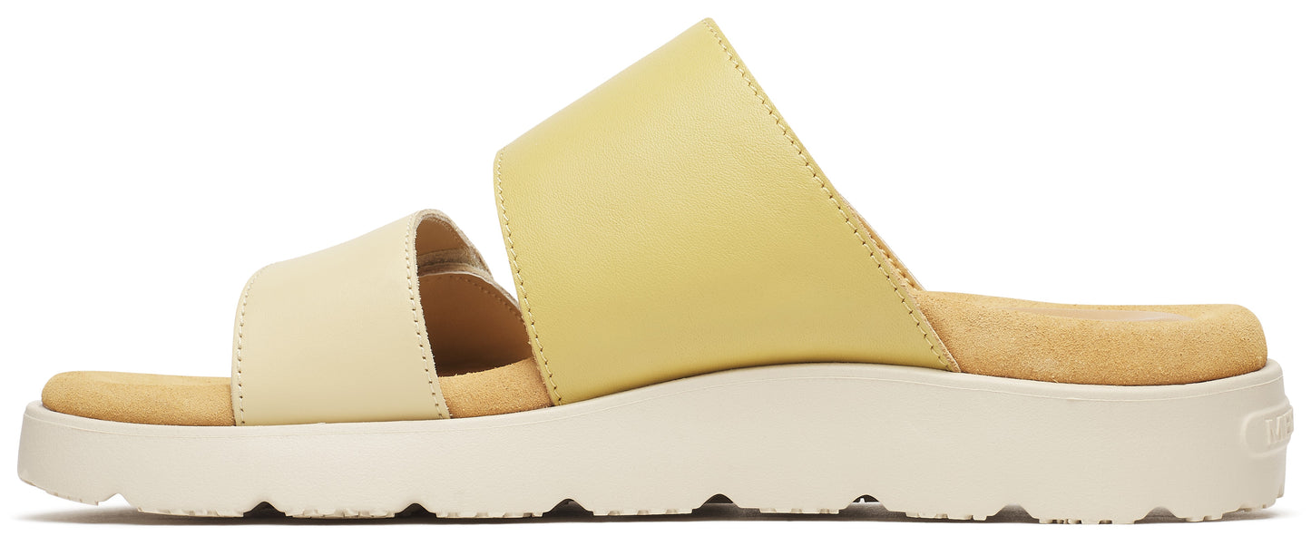 A platform sandal with two straps, one cream and one light yellow.