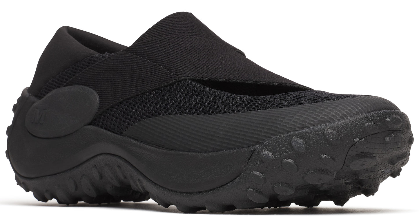 All-black slip-on shoe with elastic strap, thick sole, and round protrusions.