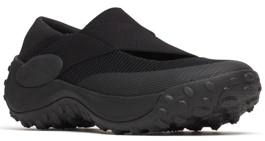 All-black slip-on shoe with elastic strap, thick sole, and round protrusions.