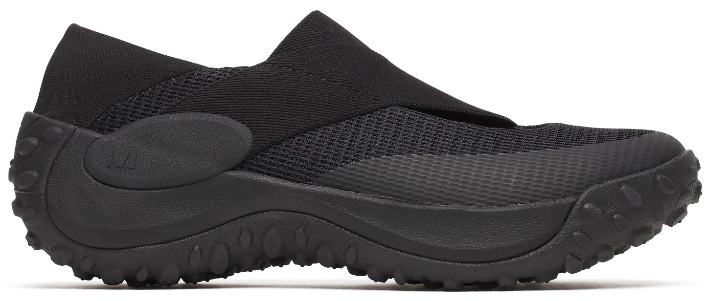 A black slip-on sneaker with a mesh upper and a thick, lugged sole.