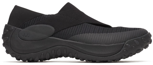 A black slip-on sneaker with a mesh upper and a thick, lugged sole.